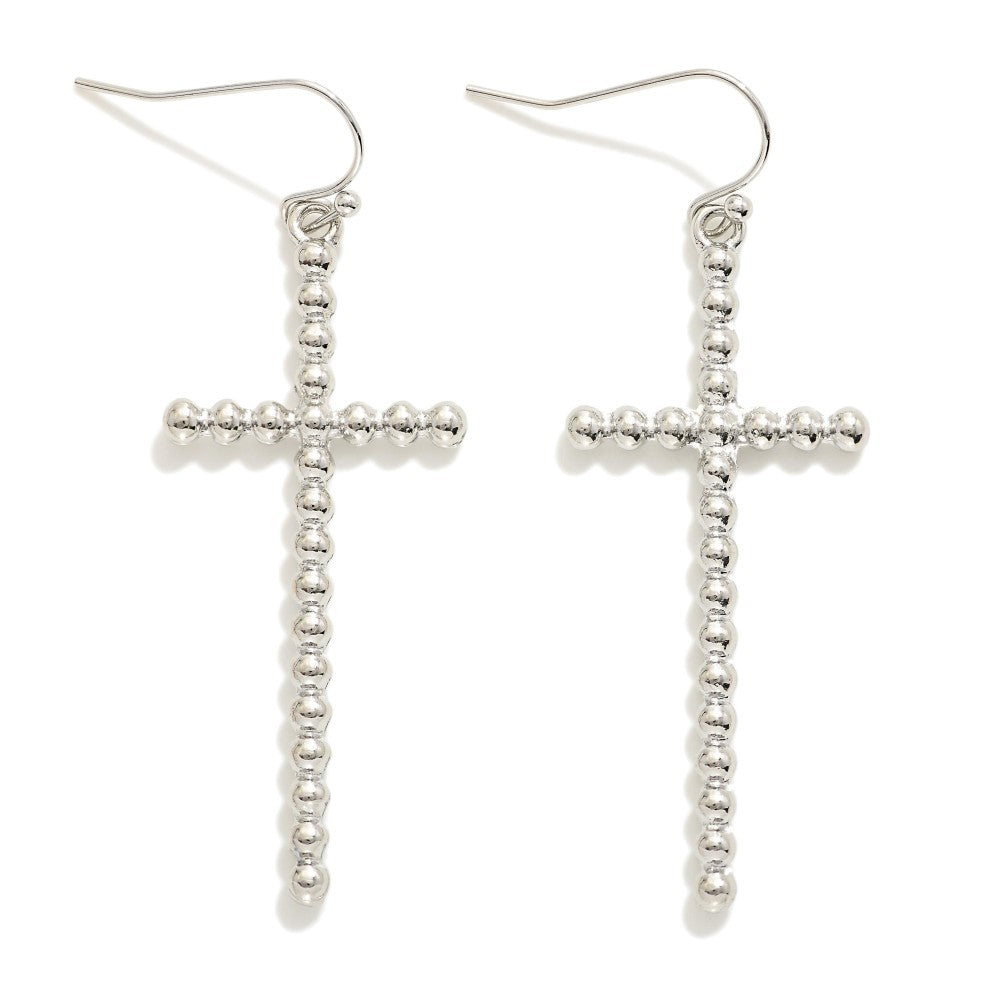 Simple Beaded Cross Earrings (Silver)