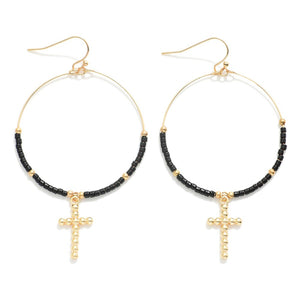 Ball Cross Charm Hoop Earrings