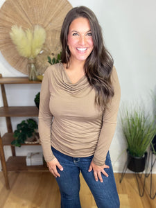 Ruched Cowl Neck Top in Mocha