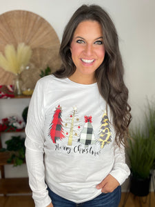 Christmas Tee - Plaid & Leo Trees (White LS)