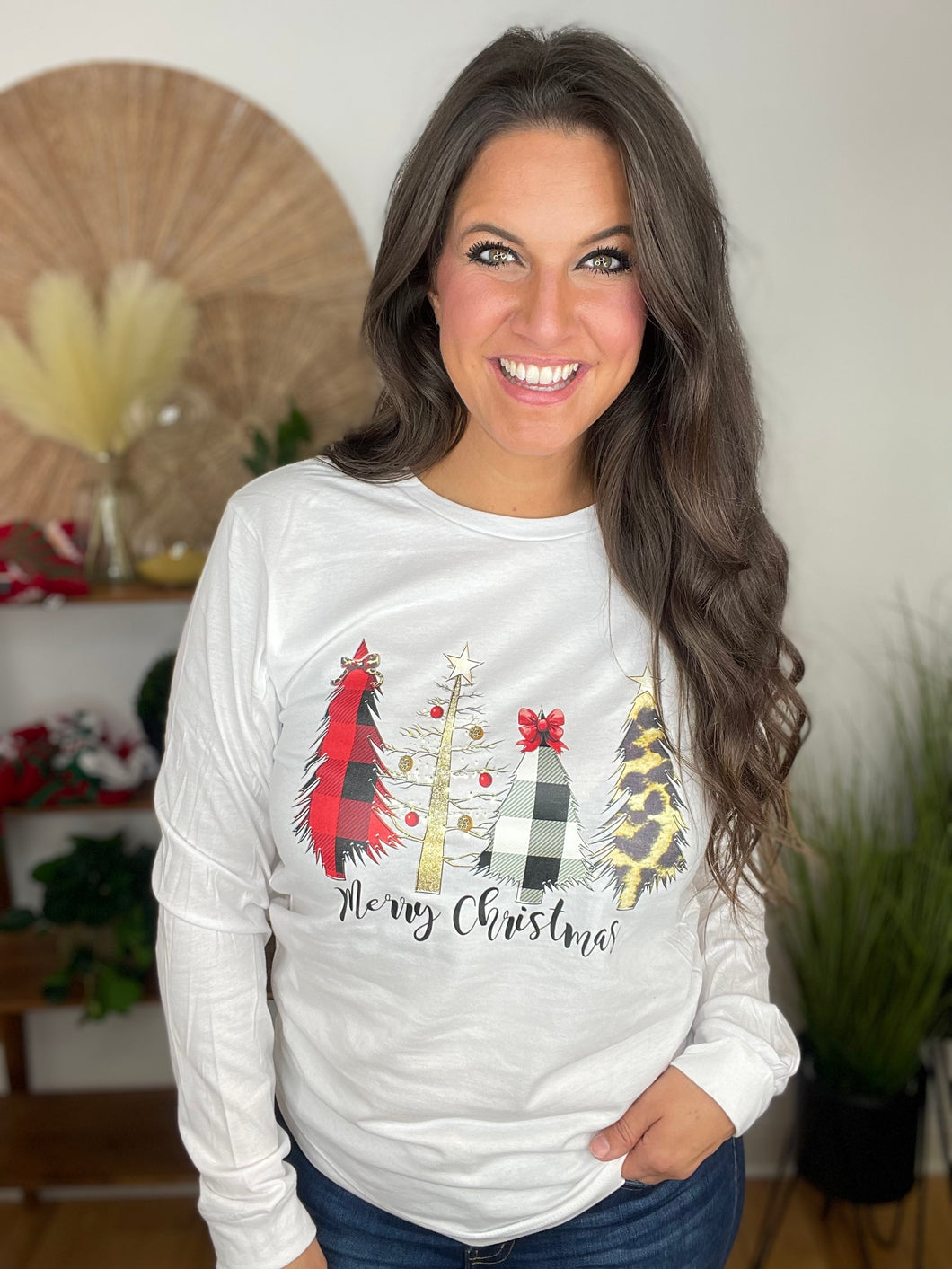 Christmas Tee - Plaid & Leo Trees (White LS)