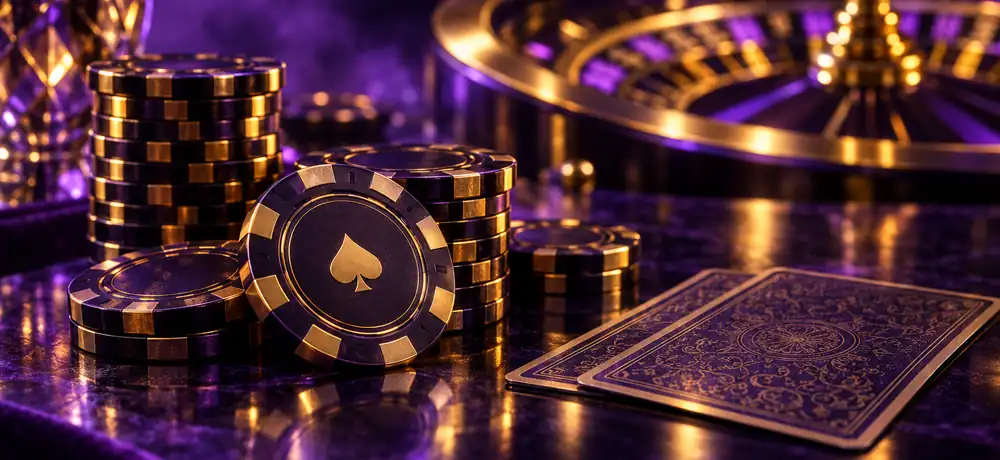 Casinomhub masasında altın rengi jetonlar ve dönen rulet çarkı