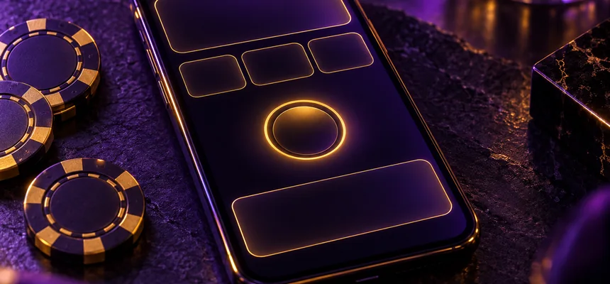 Casinomhub mobil arayüzü açık siyah telefon, mor ve altın ışık